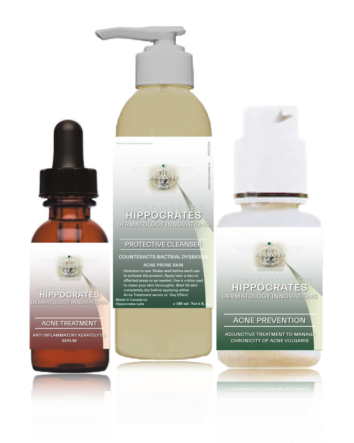 Acne treatment kit of 3 products, treatment serum, acne cleanser and prevention cream