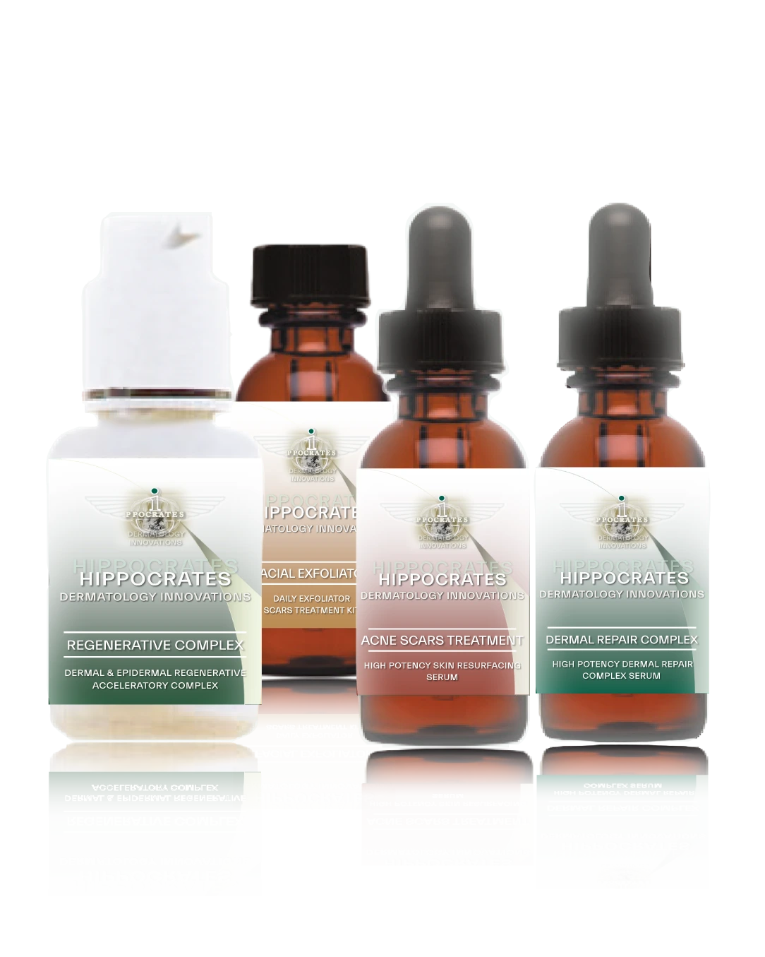 Acne scars treatment kit of 4 products, acne scars treatment serum, acne scars regenerative cream, dermal repair serum and facial exfoliator