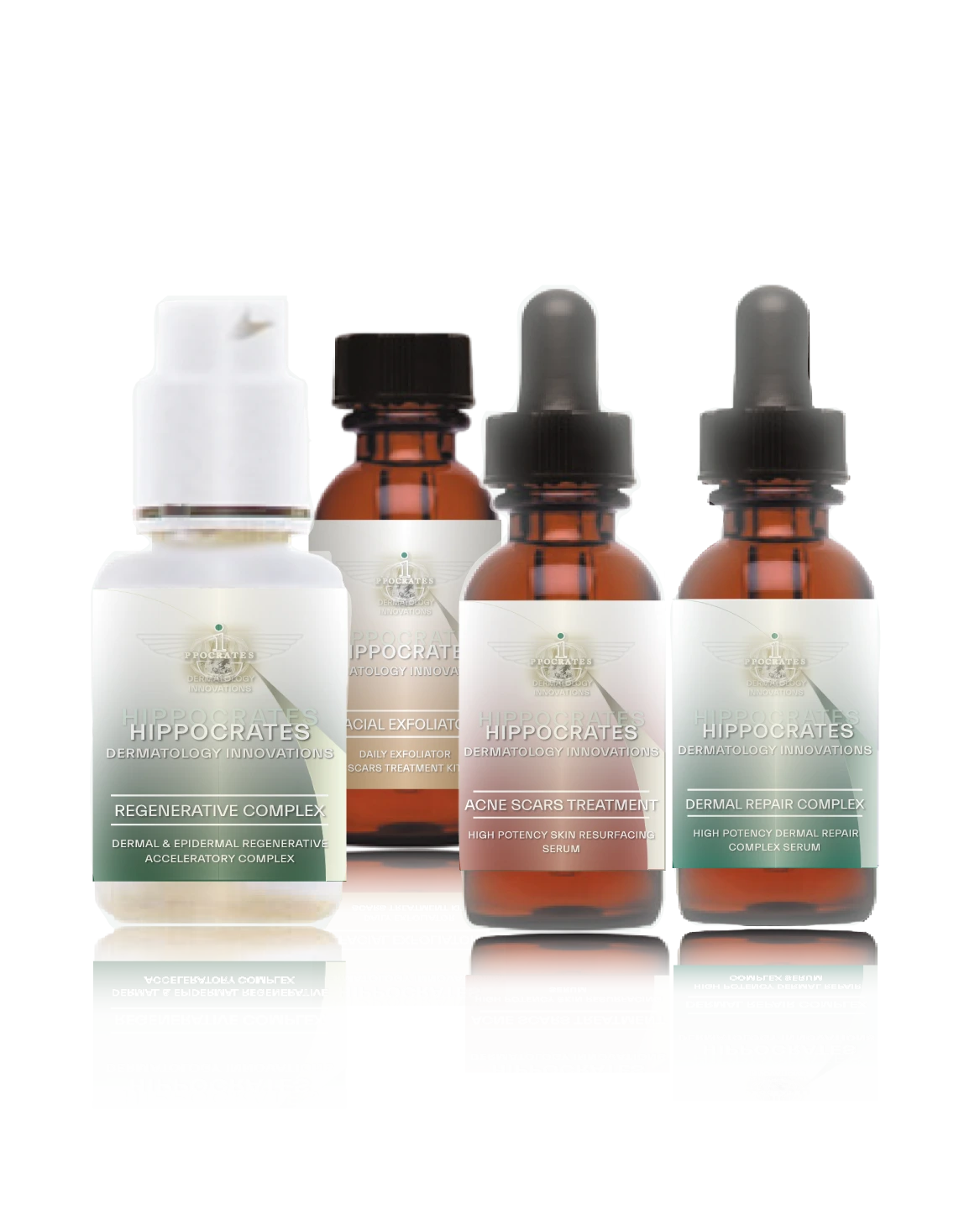 Acne scars treatment kit of 4 products, acne scars treatment serum, acne scars regenerative cream, dermal repair serum and facial exfoliator